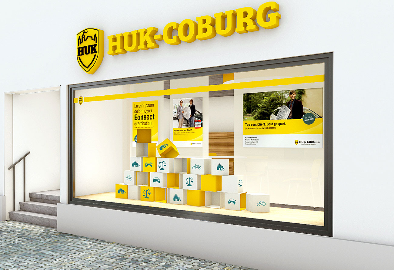 Entwurf Ladengestaltung Schaufenster HUK Coburg Innenarchitekt Leipzig