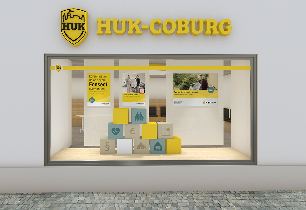 Entwurf Ladengestaltung Schaufenster HUK Coburg Innenarchitekt Leipzig