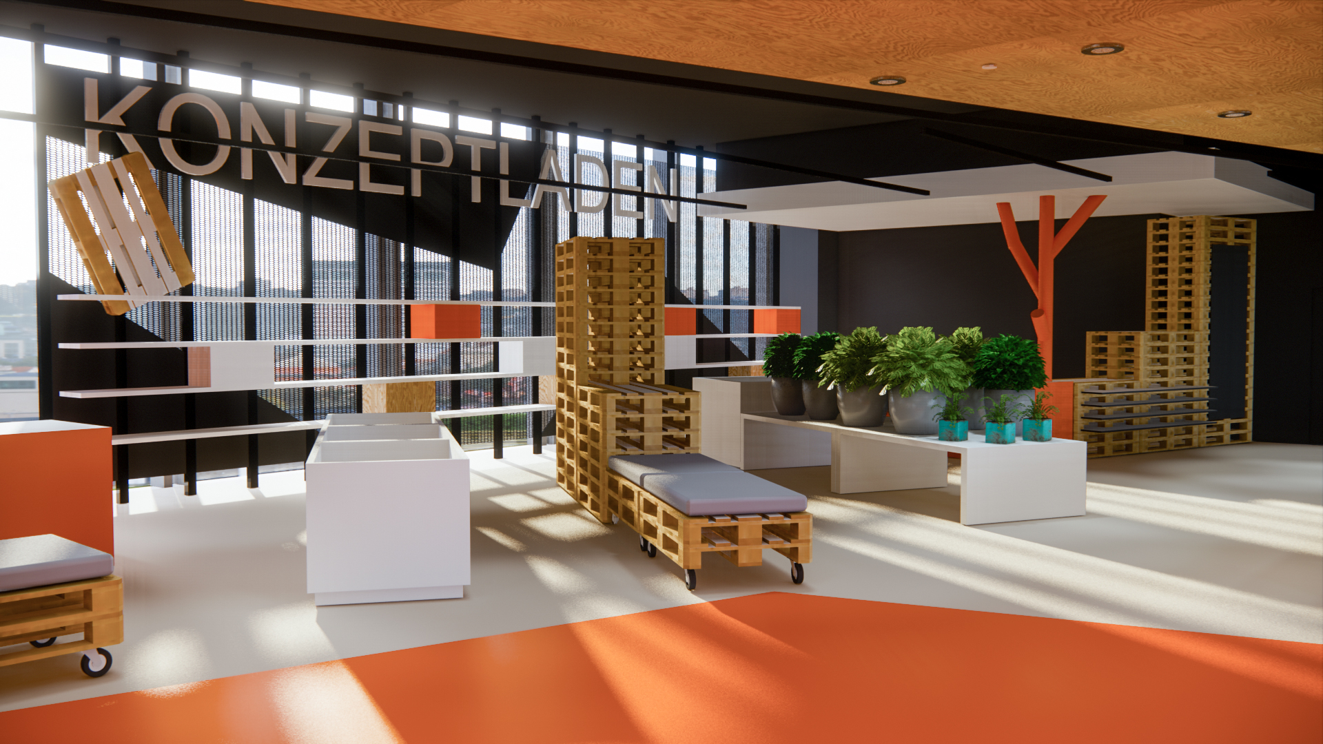 Innenansicht eines Leipziger Gewerbekaufhauses mit modernen Paletten-Design-Elementen